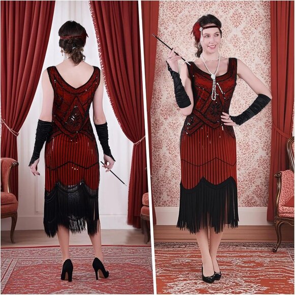1920s Flapper Dress Women Sequin Fringe Vintage Costume Plus Size Glam - Picture 4 of 5